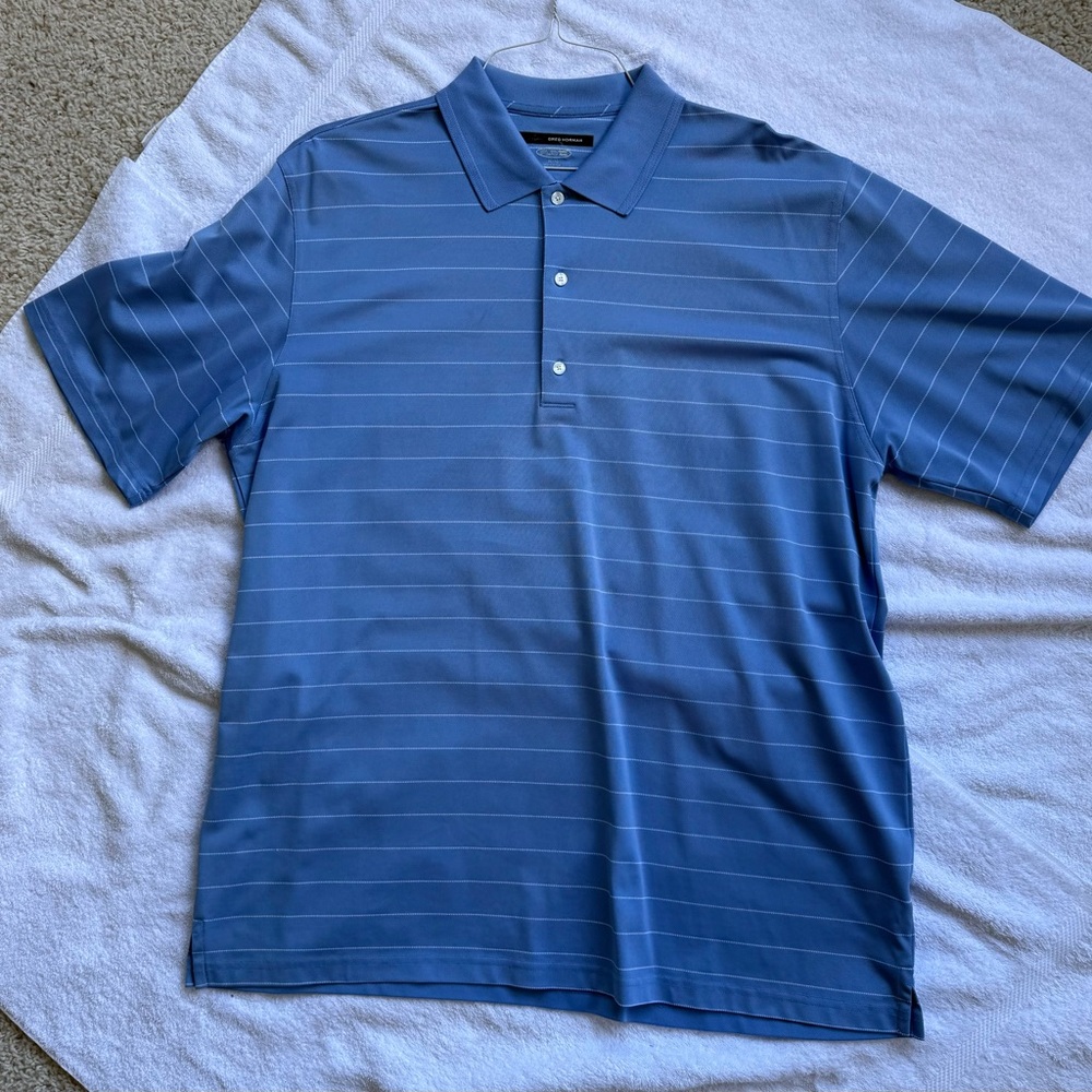 Greg Norman Golf Polo.  XL.  Blue with white stripes